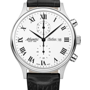 stainless steel chronograph on black leather strap with white dial featuring roman numerals