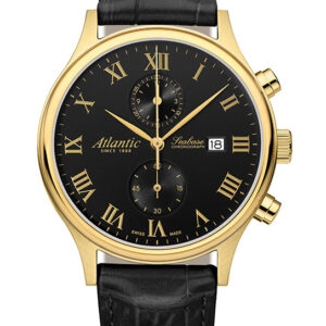 Edelstahl-Gelbgold-PVD-Chronograph mit Lederarmband und schwarzem Zifferblatt mit römischen Ziffern