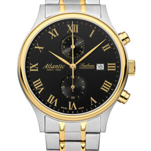stainless steel yellow gold pvd bicolor chronograph on stainless steel bracelet with black dial featuring roman numerals