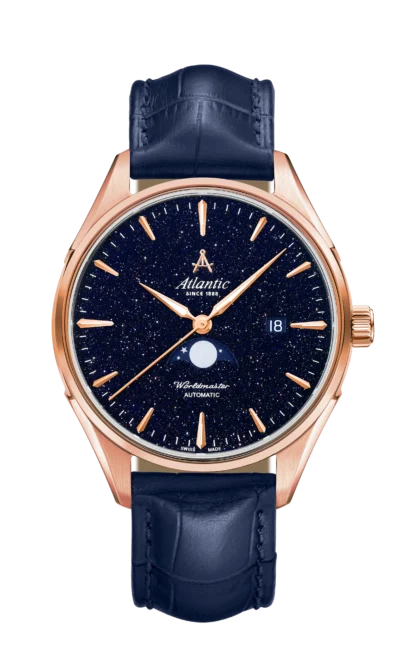 Atlantic Worldmaster Nightsky Moonphase | Rose Gold with Blue Aventurine Stone Dial and Leather Strap