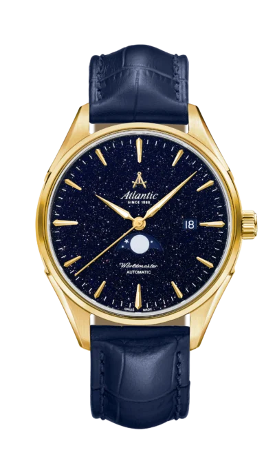 Atlantic Worldmaster Nightsky Moonphase | Yellow Gold PVD with Blue Aventurine Stone Dial and Leather Strap