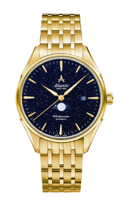 Atlantic Worldmaster Nightsky Moonphase | Yellow Gold PVD with Blue Aventurine Stone Dial